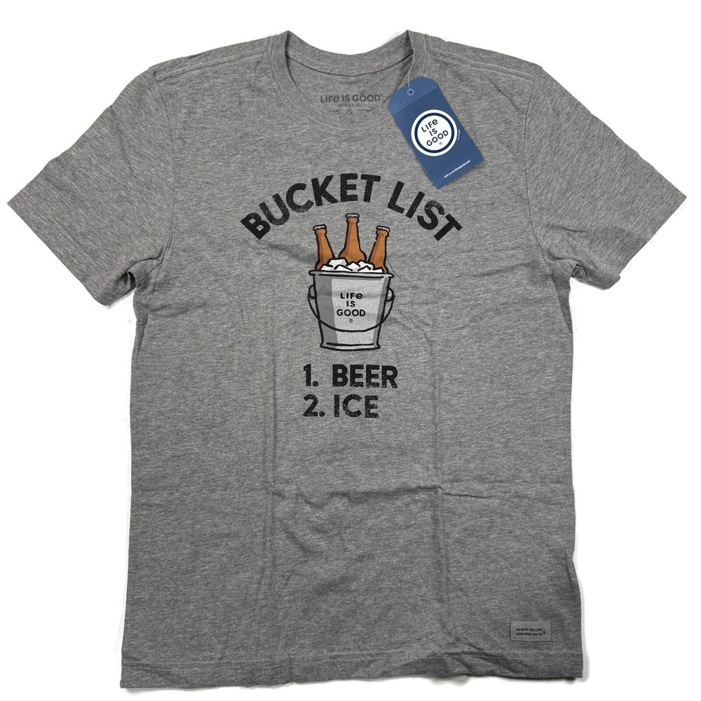 Life is Good T-Shirt Mens Small Crusher Tee Bucket List Beer Ice Gray NWT Crew